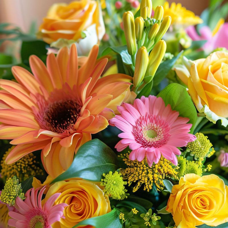 Close up of a cheerful bouquet of gerbera daisies and roses in shades of pink, orange, and yellow